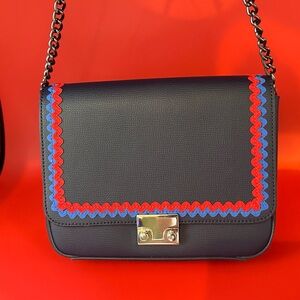 Navy Blue and Red LOEFFLER RANDALL hardware & clutch/purse - feminine and strong